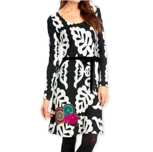 Desigual Women's Gray Black Fit Flare Dress M Embroidered Flower Long Sleeve EXC